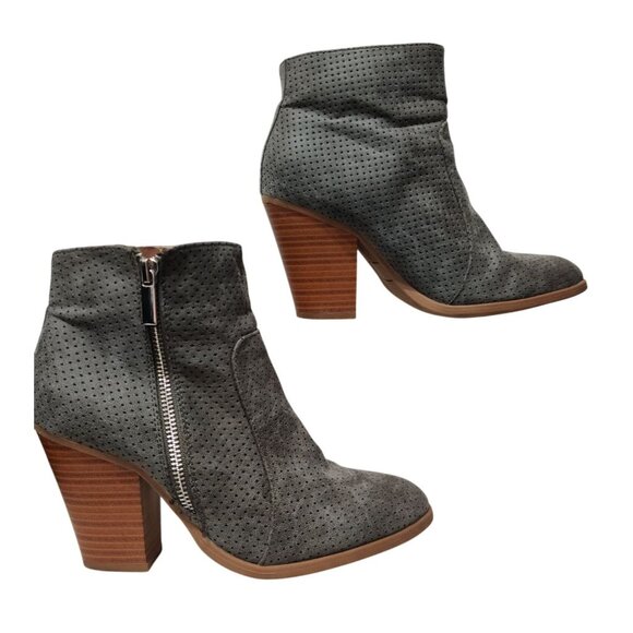 JustFab 7 Womens Gray Ankle Boots Perforated Faux Suede Block Heel Zip Booties - Picture 12 of 12